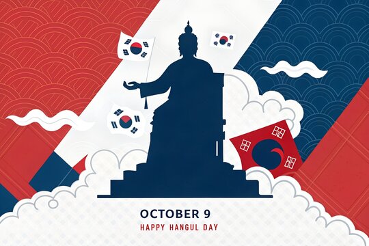 Dark blue silhouette of King Sejong the Great statue representing South Korean Hangul Day celebration with national flags and stylized geometric background patterns in a modern flat vector design styl