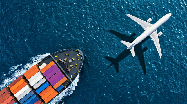 Logistics Transport Cargo Container Ship Vessel Ocean Sea Airplane Plane Flight