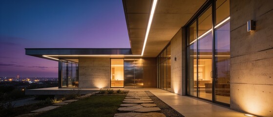 Fototapeta premium Modern luxury residence with panoramic sunset views and ambient exterior architectural lighting at dusk
