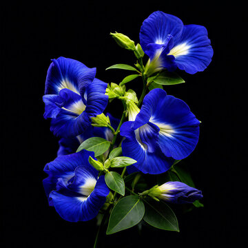 Beautiful vibrant blue butterfly pea flowers branch with green leaves isolated on solid black background, Clitoria ternatea, Asian pigeonwings herbal plant for tea, close up macro shot.
