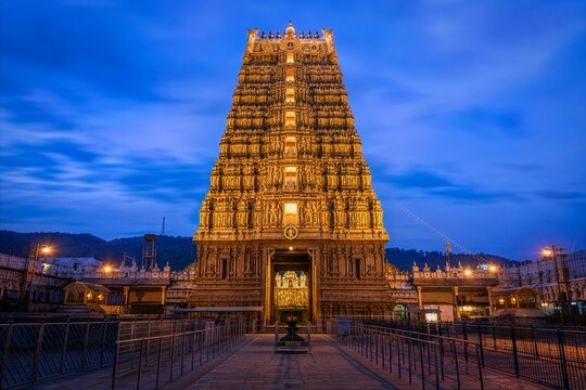 Tirumala Venkateswara Temple Symmetrical Blue Hour Frontal