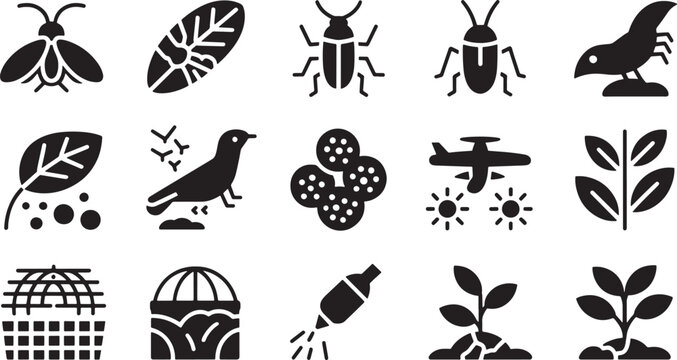 Agriculture and pest control glyph icons set featuring insects, birds, farming tools and crop plants and symbols, management, and organic