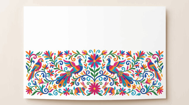 Mexican Folk Art Otomi Embroidery Border Template with Peacocks, Rabbits, and Flowers