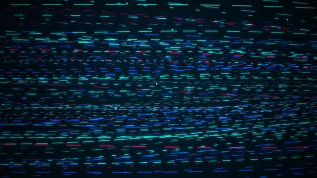 Abstract digital glitch effect with horizontal lines of blue, red, and teal neon lights moving on a dark background, representing data corruption or signal interference