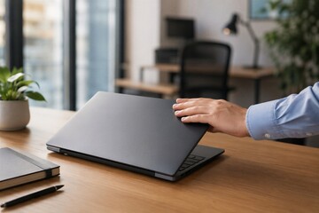 Fototapeta premium Person closing laptop on desk