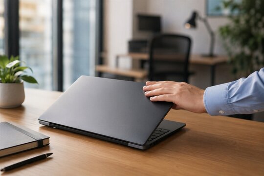 Person closing laptop on desk