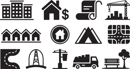 Fototapeta premium Urban planning and real estate development icons for infrastructure construction projects and power line