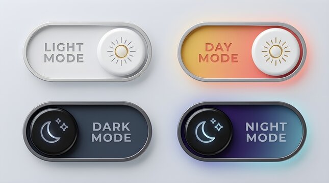 Toggle switches for light and dark mode settings featuring sun and moon icons on a clean modern digital interface design