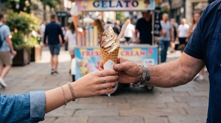 Obraz premium People sharing gelato ice cream. Couple holding sweet dessert cone on city street