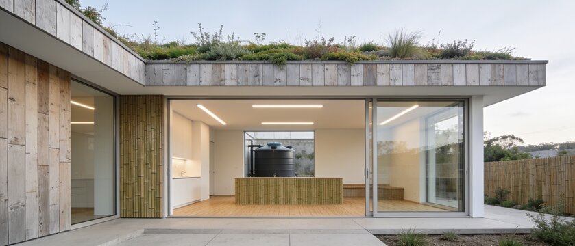 Sleek modern building with an innovative green roof and wide glass doors, reflecting sustainable architecture, natural light, and a harmonious indoor-outdoor living experience