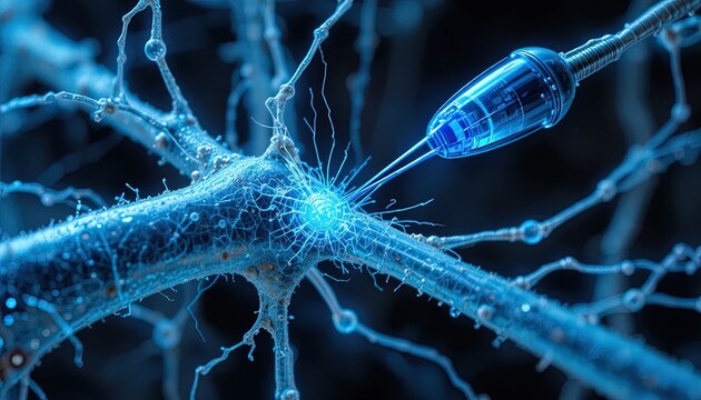 Microscopic probe stimulates a neural connection with glowing energy.