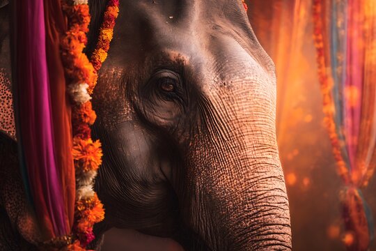 A majestic elephant adorned with vibrant garlands, bathed in warm light, evoking a sense of cultural richness and reverence.