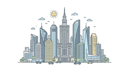 Fototapeta premium Modern city skyline with diverse architecture and sun