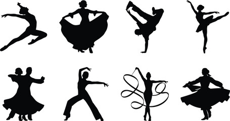 Dancers silhouettes set featuring various dance styles including ballet breakdance flamenco ballroom and rhythmic gymnastics © Mst