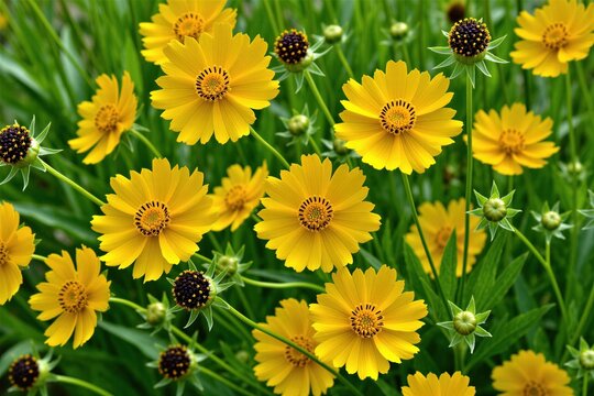 Bright yellow threadleaf coreopsis flowers bloom in summer garden meadow. Beautiful golden tickseed plants grow with green foliage in sunny park. Natural floral background features many vibrant