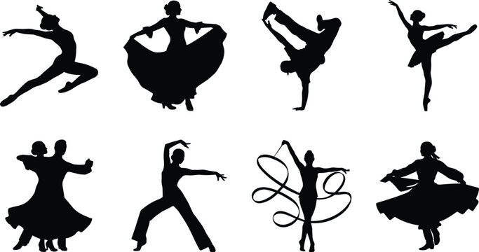 Dancers silhouettes set featuring various dance styles including ballet breakdance flamenco ballroom and rhythmic gymnastics