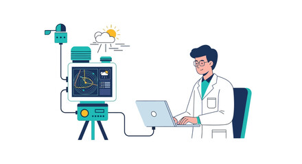 Fototapeta premium Meteorologist Analyzing Weather Data Using Advanced Radar Equipment and Laptop Illustration