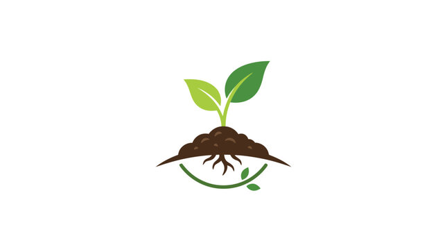 Green sprout growing from soil with roots and leaves, eco concept logo