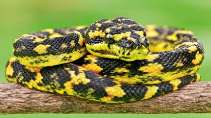 Fototapeta premium Vibrant Python Coiled on Branch in Lush Greenery