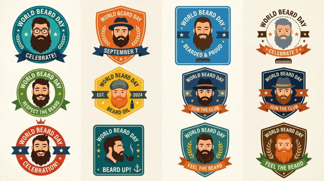 World beard day badge icons with bearded men faces for label design