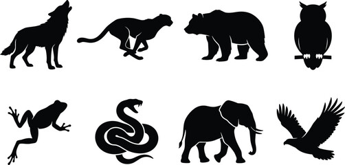 Obraz premium Wild Animals Predators and Diverse Wildlife Creatures Silhouette Vector Graphic Icon SetWild Animals Predators and Diverse Wildlife Creatures Silhouette Vector Graphic Icon Set
