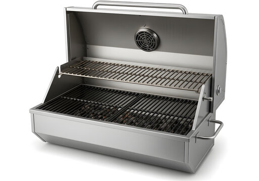 Stainless steel portable barbecue grill with open lid on white background