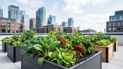 Fototapeta premium Urban Rooftop Garden with Organic Vegetables and City Skyline Background