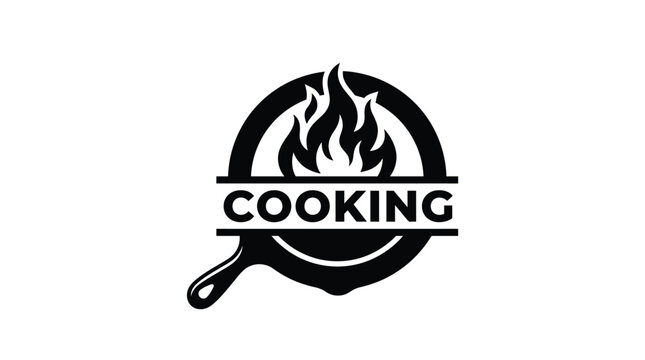 Minimalist black and white vector logo design featuring a frying pan with stylized hot flames