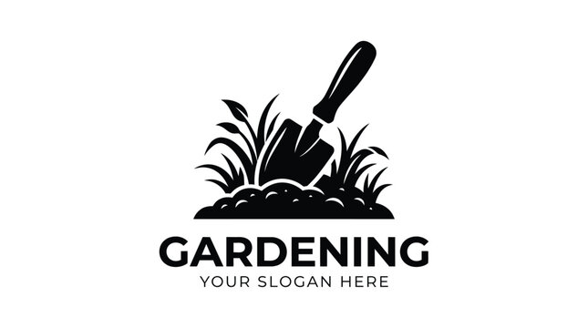 Black and white vector logo design featuring a garden shovel digging into the rich soil
