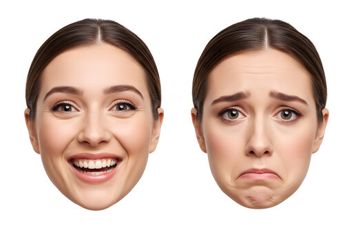 Young woman expressing happy and sad emotions on split face portrait, studio lighting neutral background