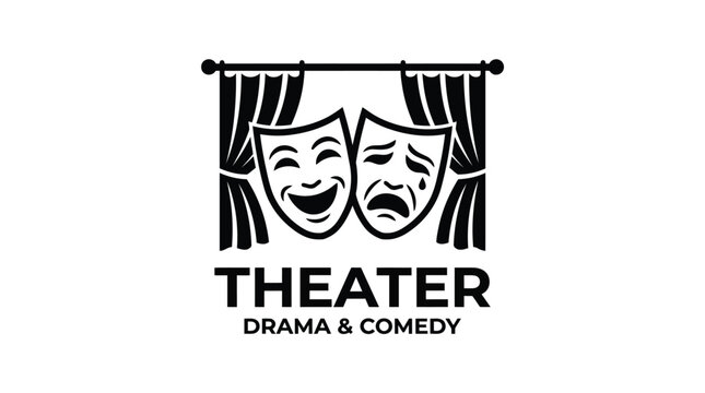 Black and white illustration of iconic comedy and tragedy theater masks hanging on stage curtains