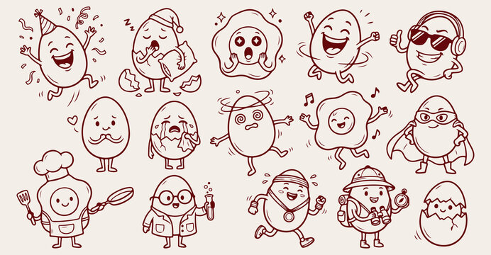 Cute fried egg cartoon pattern, happy breakfast food seamless wallpaper, kawaii egg character backdrop, funny cooking doodle texture, brown line art food print, playful kitchen vector design, children