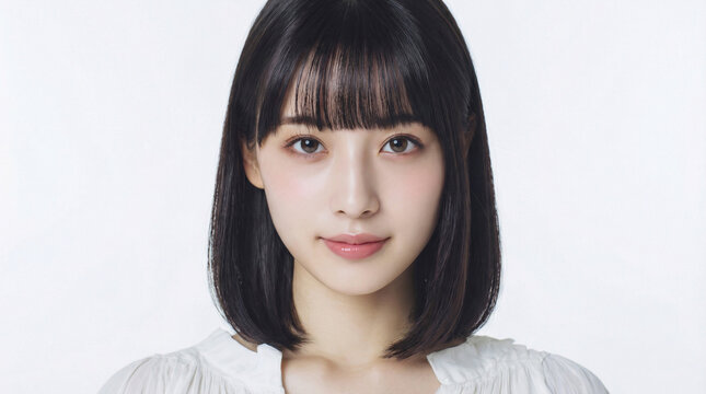 白い背景で微笑む黒髪ストレートヘアの日本人女性の正面写真