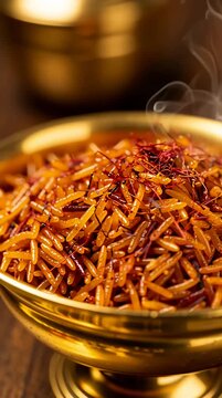 Saffron basmati rice steaming hot in golden platter with traditional spice aromatic food concept