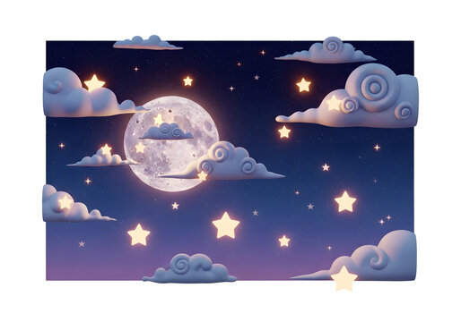 Glowing moon and stars in a magical night sky with fluffy clouds