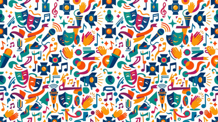 Naklejka premium Vibrant seamless pattern with theater masks and entertainment icons