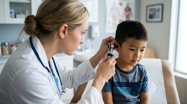 Female doctor using an otoscope to examine a young boy's ear in clinic
