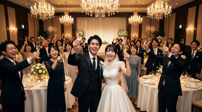 多くのゲストに囲まれて笑顔でグラスを掲げて乾杯する日本人新郎新婦