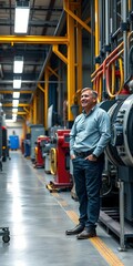 Obraz premium Industrial setting with smiling professional standing near machinery, collaboration, ||factory