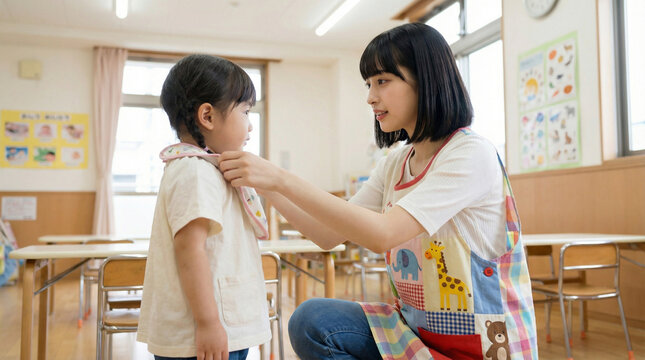 教室で女の子のよだけかけを優しく直す日本人の保育士