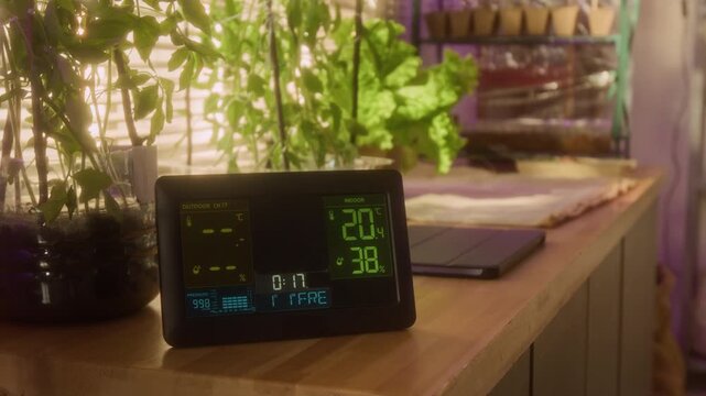 Handheld close up shot of digital weather station monitoring indoor temperature and humidity next to green potted plants. For smart home technology and indoor gardening advertisements