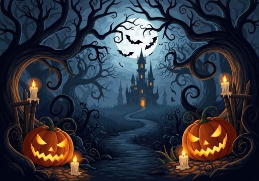 Spooky Halloween castle landscape with jack-o-lanterns