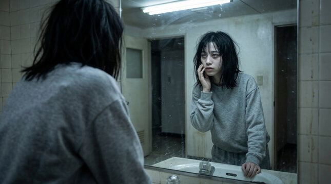 薄暗い洗面所の鏡の前で頬に手を当ててうつろな表情の女性
