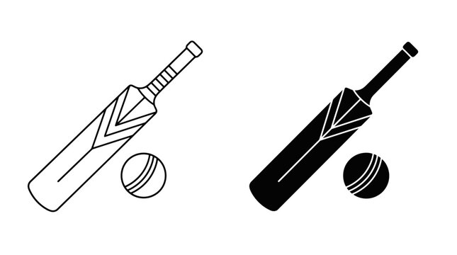 Cricket Bat and Ball Icon Set with Black Outline and Solid Silhouette Variations in Minimal Monochrome Flat Vector Style