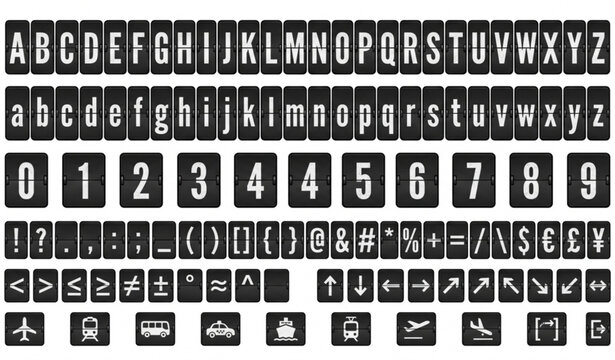 Mechanical airport split flap font alphabet vector isolated on white background