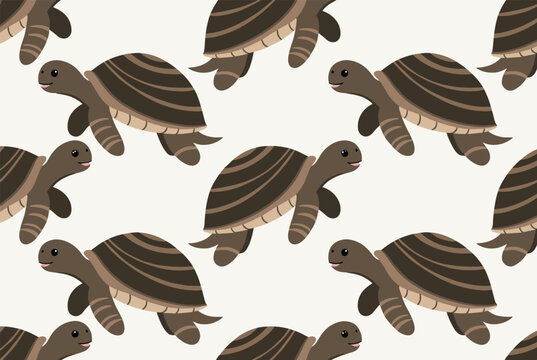 Cute cartoon tortoises walk in a seamless pattern on a light background creating a playful wildlife design.