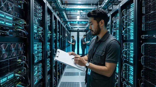 IT technician inspecting server racks in a modern data center facility