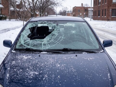 Dark blue car with a heavily shattered windshield parked on a snowy street