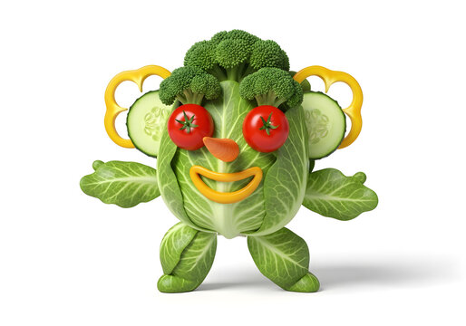 Veggie monster made of broccoli, cabbage, and vegetables on white background