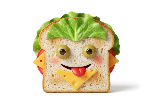 Smiling sandwich with lettuce, cheese, and olives on white background